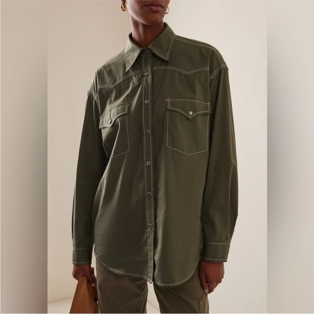 TWP Dutton Oversized Stretch Cotton Poplin Western Shirt  Olive - Picture 2 of 12